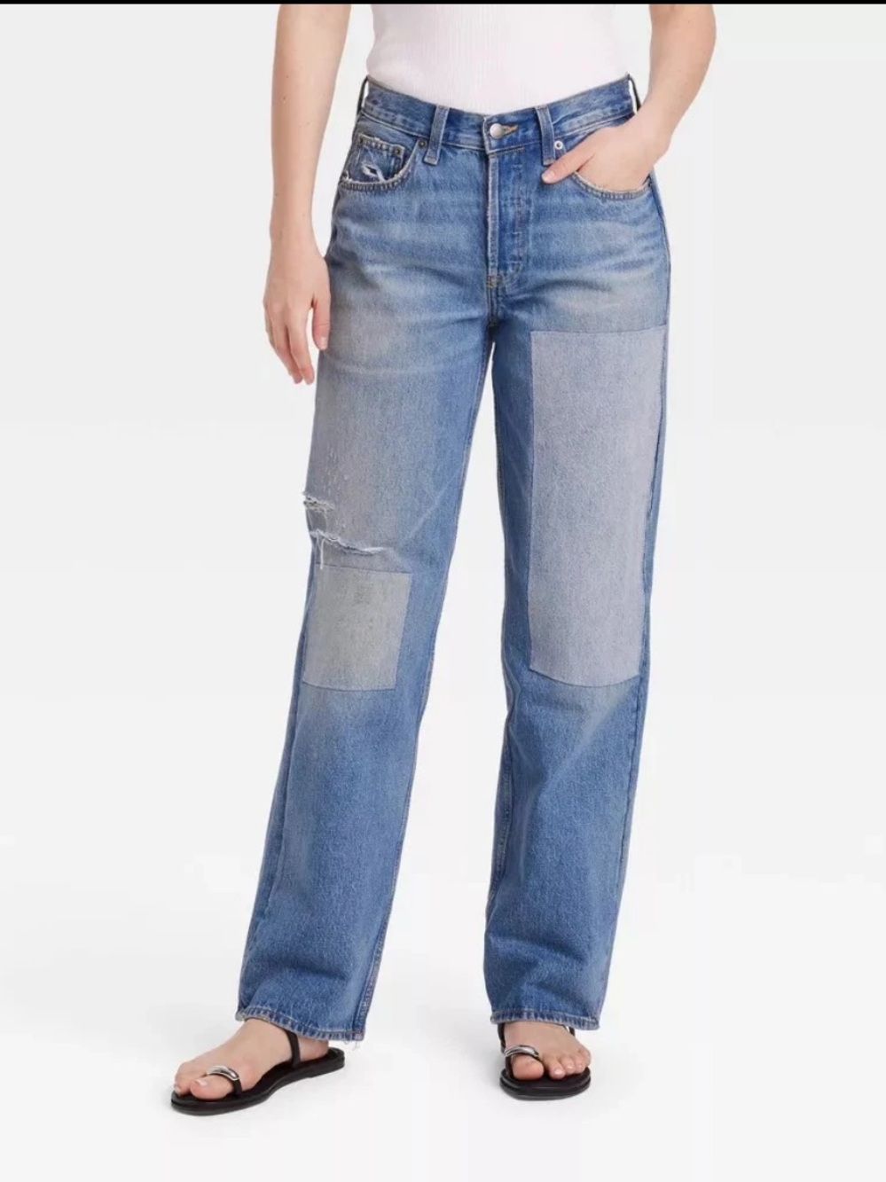Universal Thread Blue Patchwork Straight-Leg Jeans Mid Rise 90s Baggy NWT 16